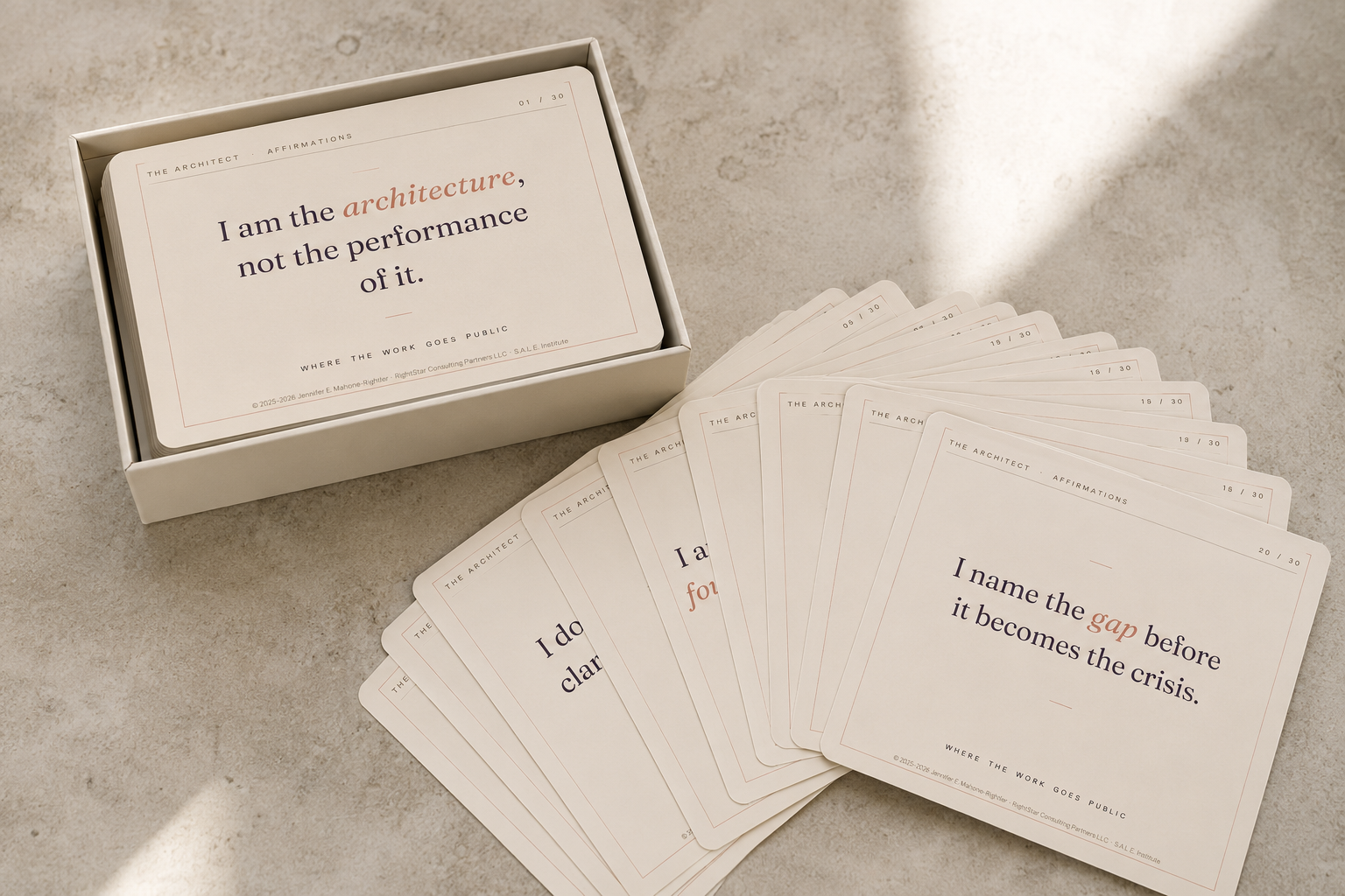 Affirmations for the Architect deck and cards in the cream, ink, and gold palette.